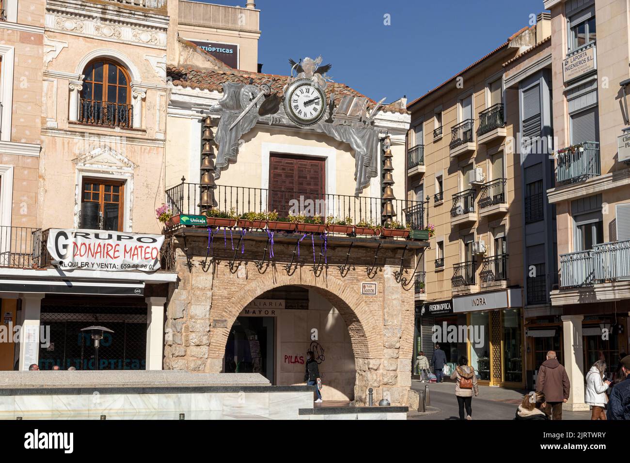 Ciudad Real, Spanien. Die Casa del Reloj (Uhrhaus) auf der Plaza Mayor (Grand Town Square). Hauptplatz der Stadt Stockfoto