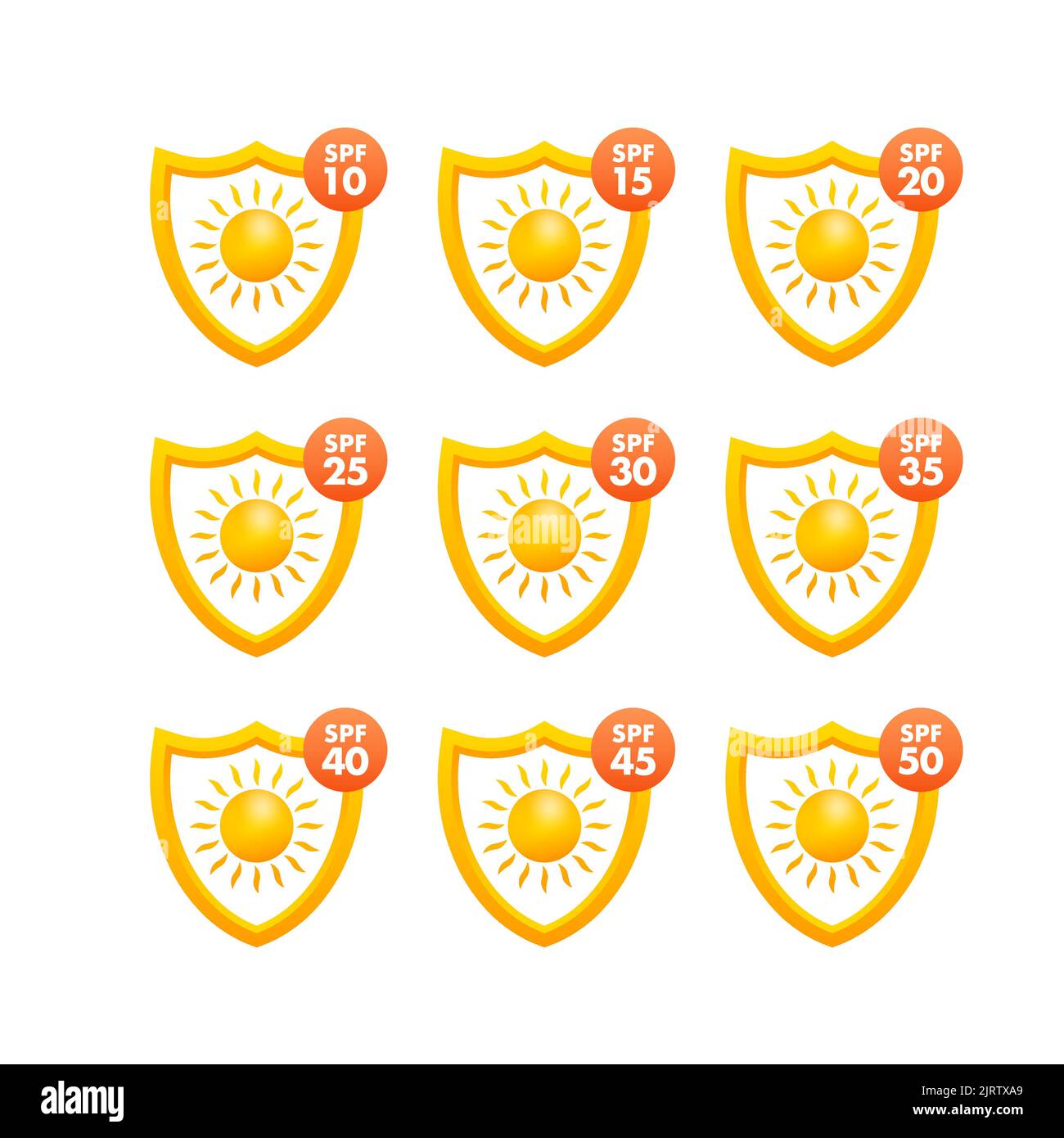 Set aus einfachem, flachem Sonnenschutz mit SPF. UV-Schutz. Vektorgrafik. Stock Vektor