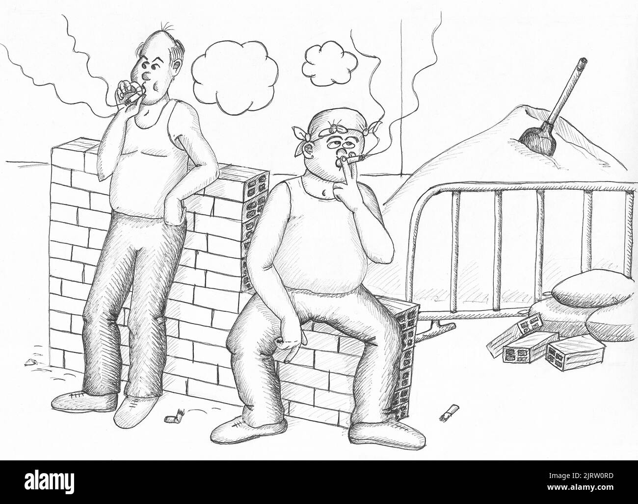 Zwei Bauarbeiter rauchen. Abbildung. Stockfoto