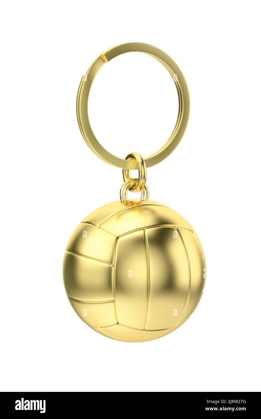 Goldener Schlüsselanhänger mit Volleyball-Ball isoliert auf weißem Hintergrund Stockfoto