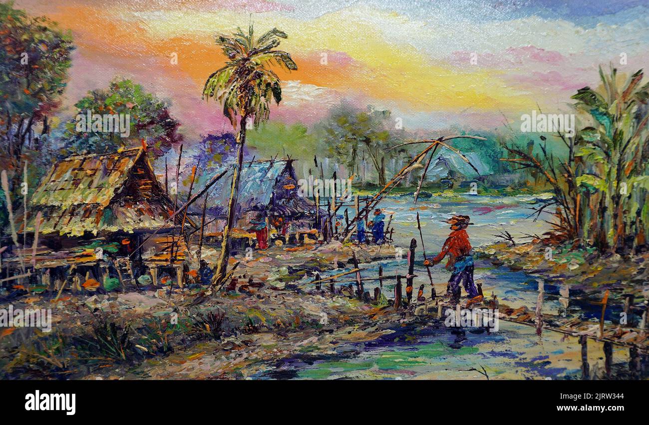 Kunst Malerei Ölfarbe Hut Thailand Landschaft Stockfoto