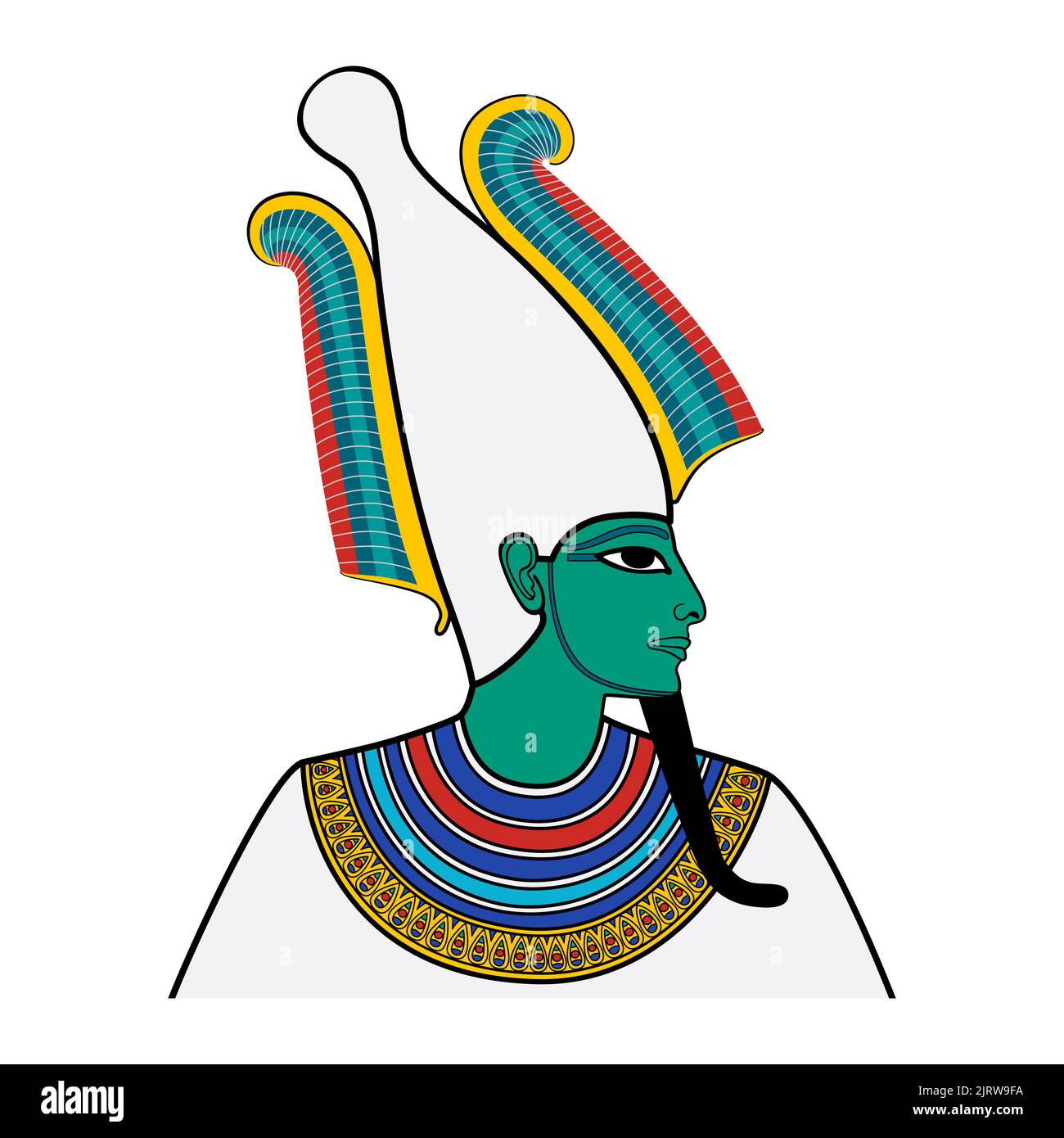 Osris, Porträt des gottes des Jenseits, der Toten und der Auferstehung im alten Ägypten. Dargestellt mit grünlich türkisfarbener Haut, pharaonbart und Atef-Krone. Stockfoto