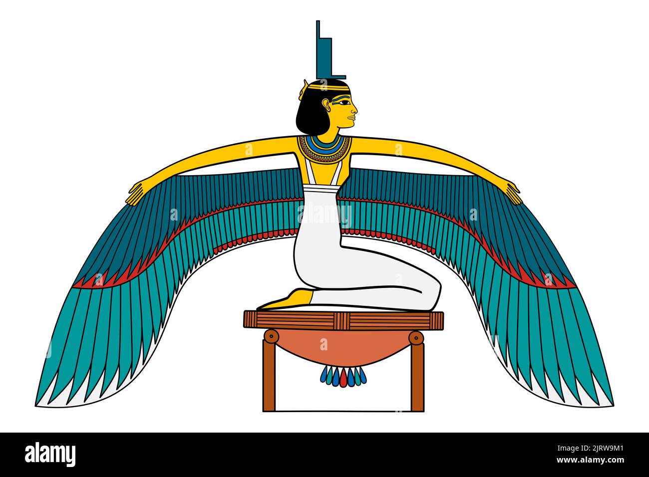 ISIS, geflügelte Göttin in der alten ägyptischen Religion, mit Thronhieroglyphe auf ihrem Kopf. In Osie Mythos und Kult lässt sie ihren Mann Osie auferstehen. Stockfoto