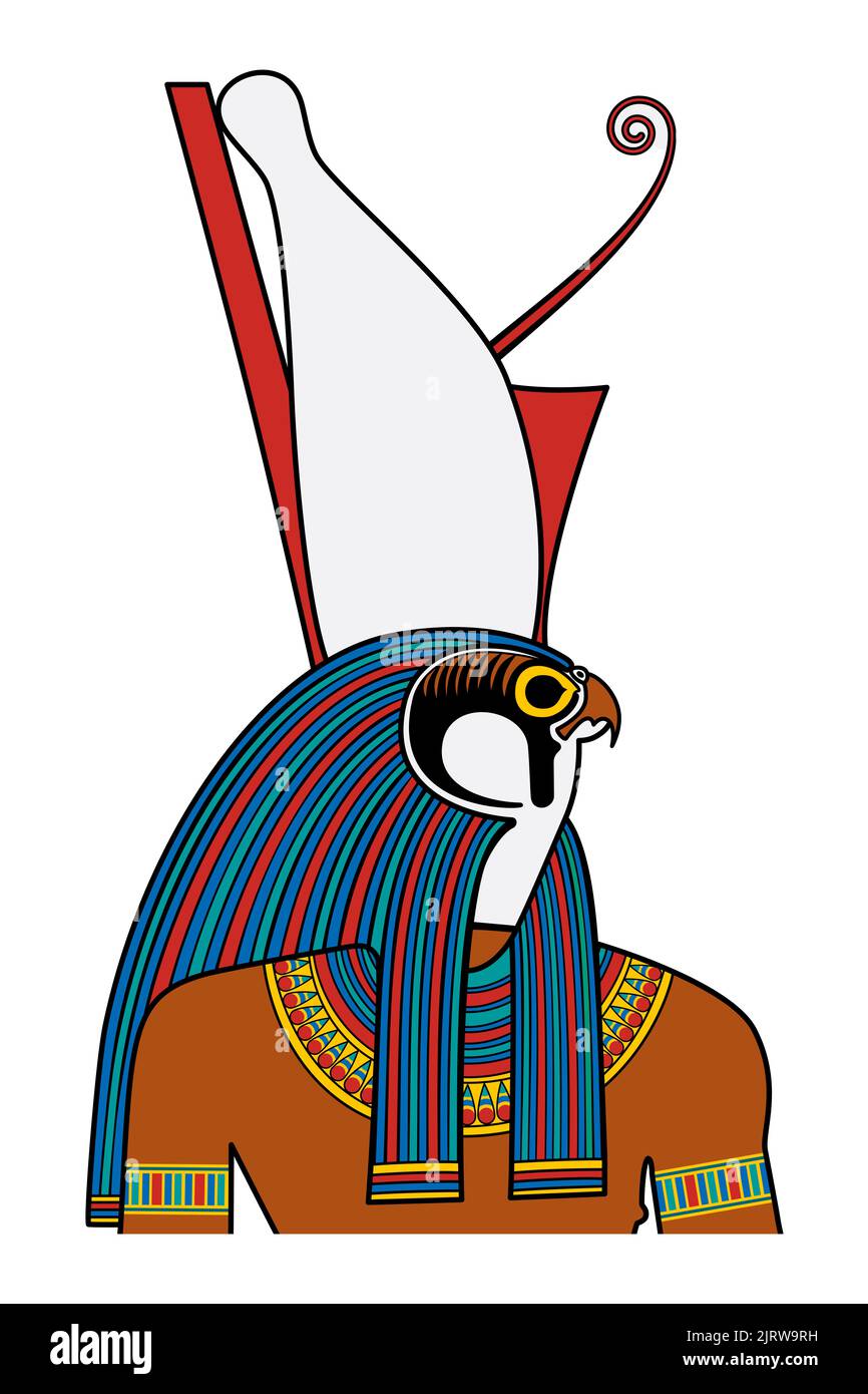 Horus-Porträt, gott des Königtums und des Himmels im alten Ägypten. Vormundgottheit, dargestellt als falkköpfiger Mann, der die doppelte Krone trägt. Stockfoto