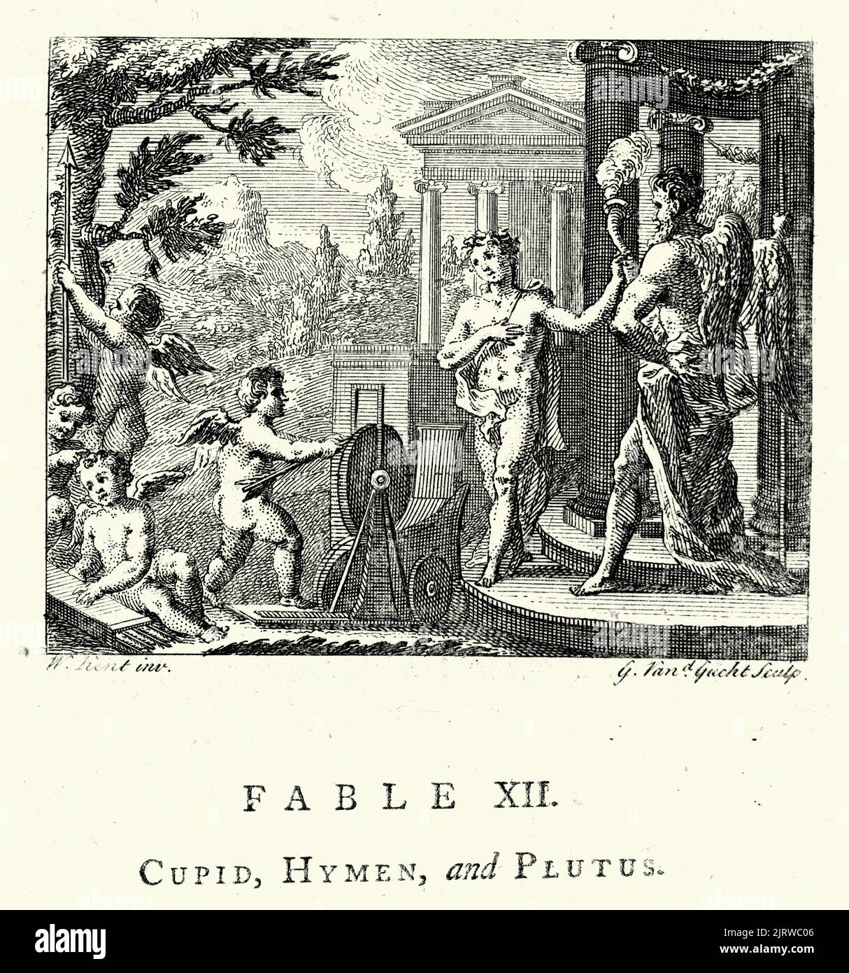 Vintage Gravur Amor, Hymen und Plutus, aus den Fabeln von John Gay 18. Jahrhundert Stockfoto