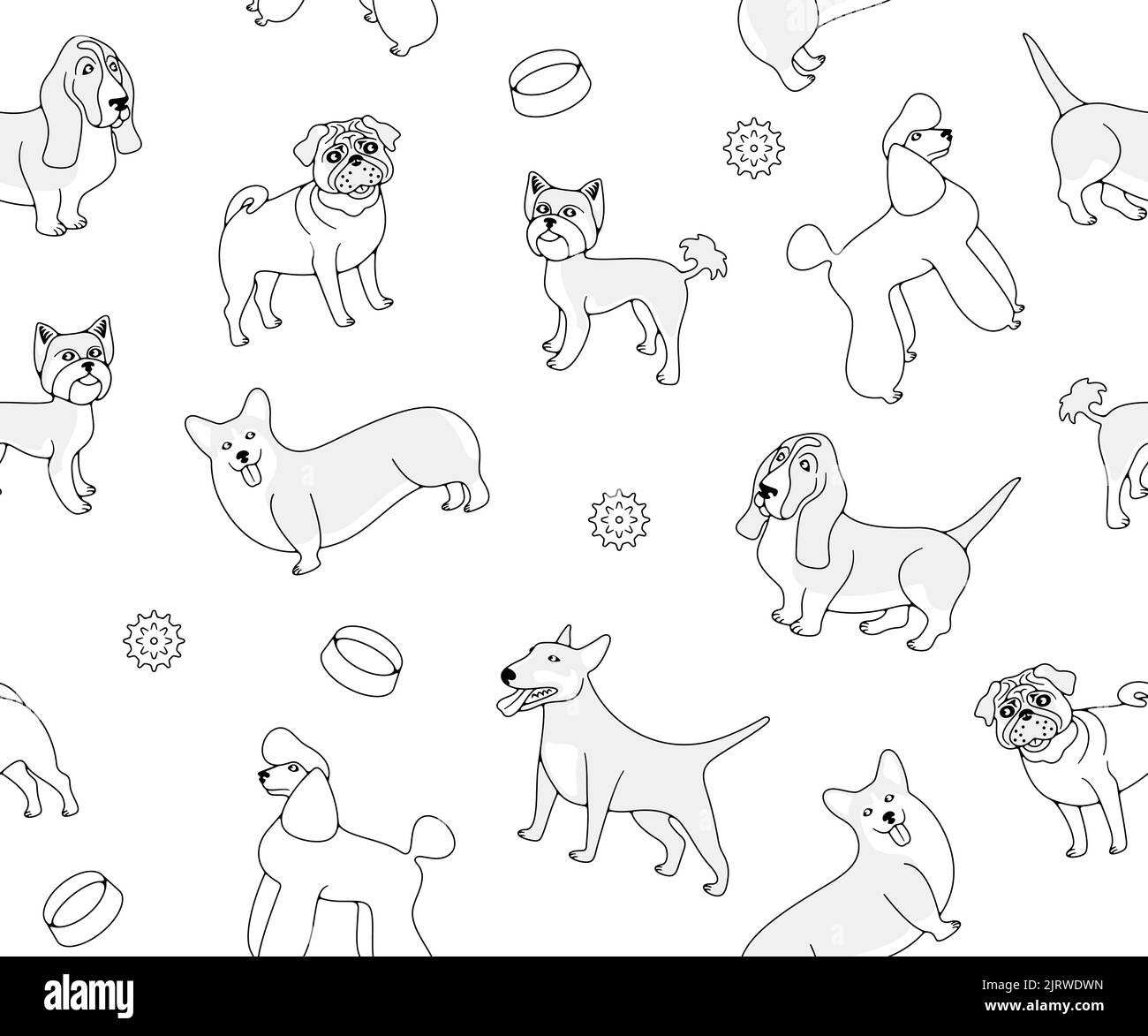 Hunderassen, Pudel, Mops und yorkshire Terrier, nahtlose Vektor-Hintergrund in Umriss. Tier, Haustiere, Basset und Hund, welsh Corgi und Miniaturbulle terri Stock Vektor