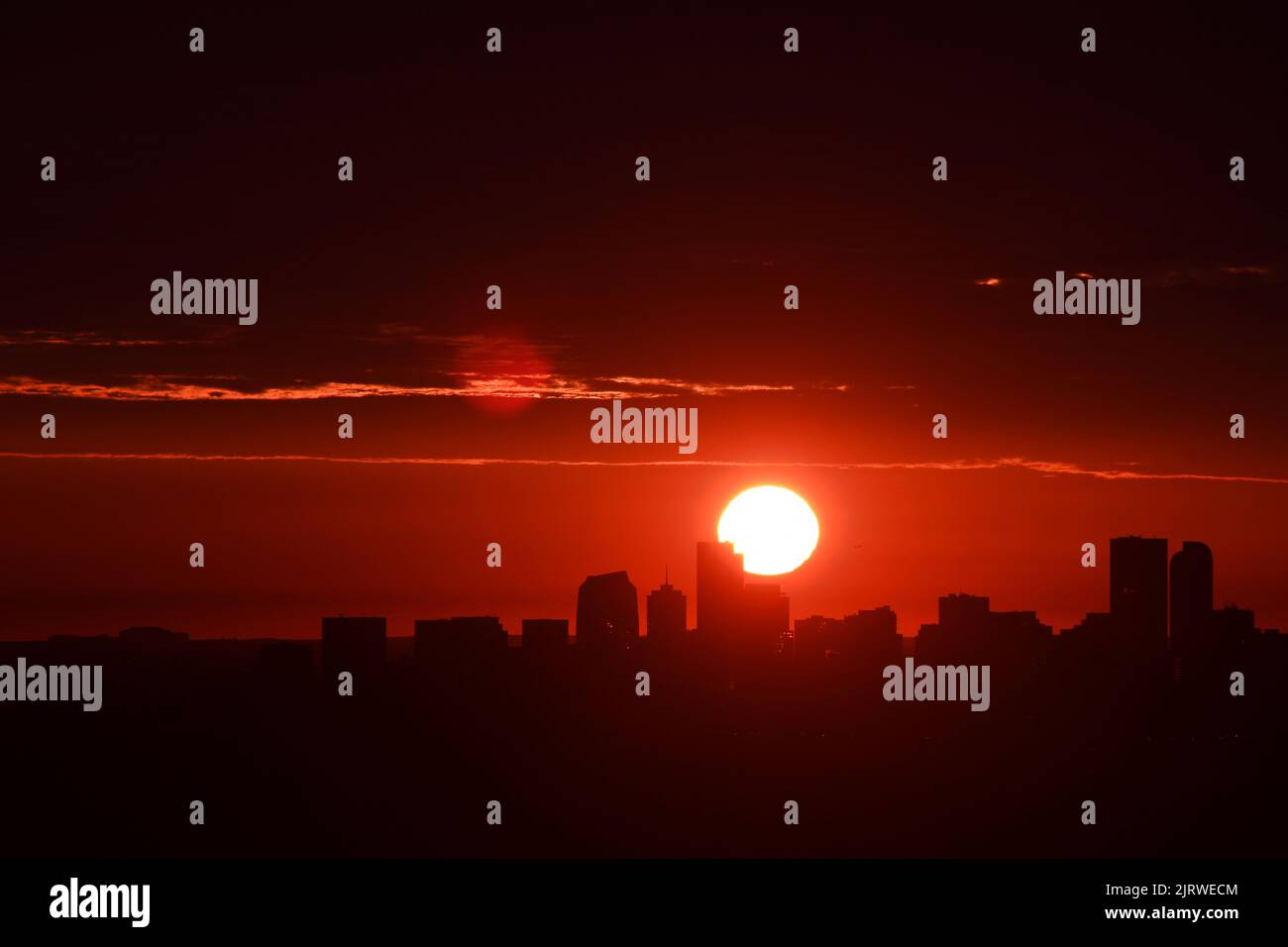 Skyline von Denver, CO bei Sonnenaufgang Stockfoto