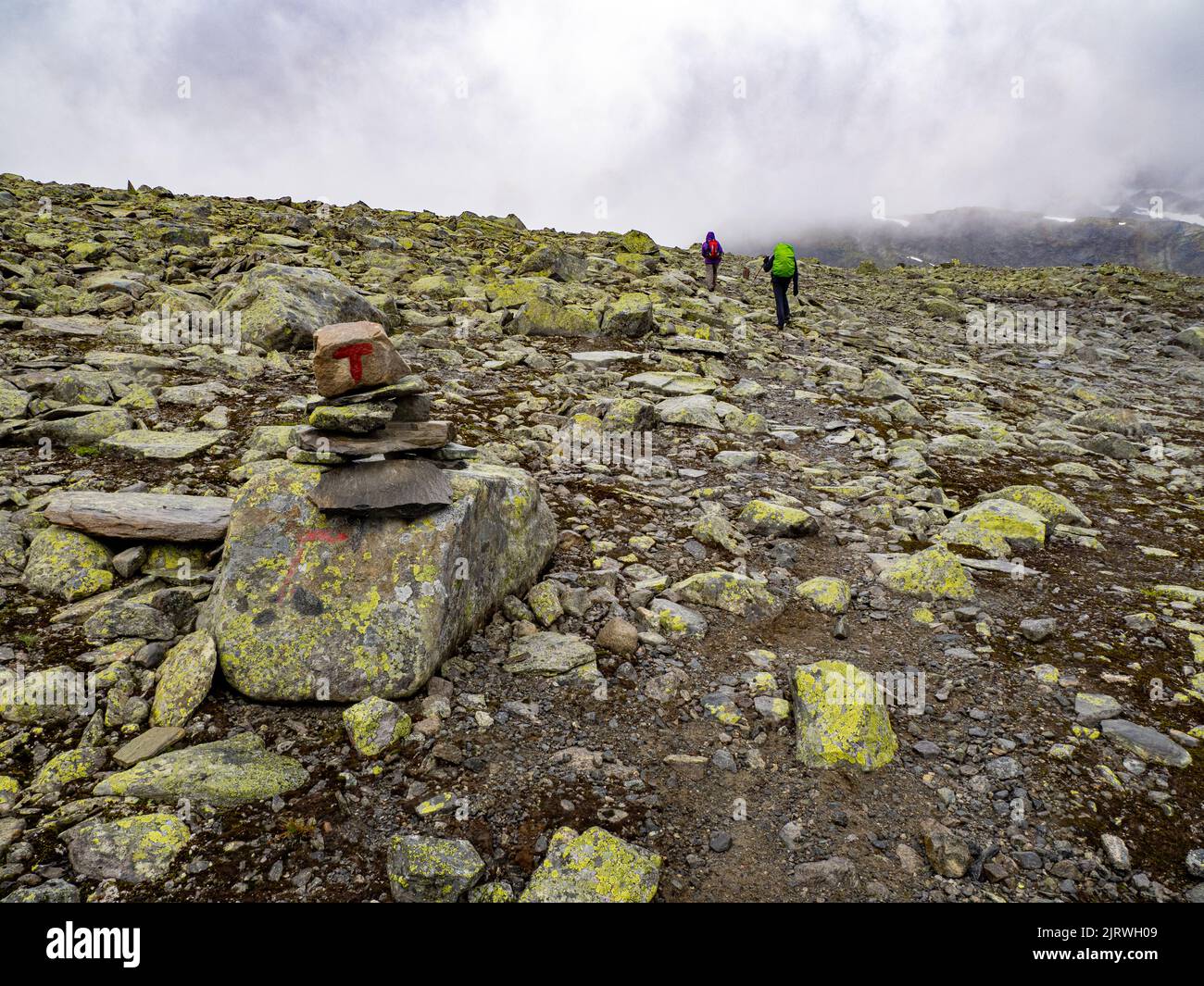 Wanderer auf alpinen Boulderfeldern in Langedalen oberhalb des Bygdin-Sees im Jotunheimen-Nationalpark in Norwegen Stockfoto