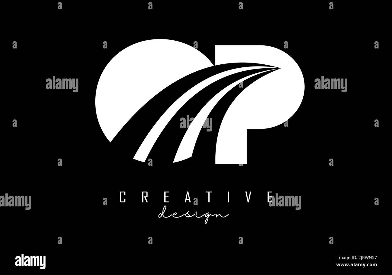 Kreatives, weißes OP o p -Logo mit Linien und Straßenkonzept. Buchstaben mit geometrischem Design. Vektorgrafik mit Buchstabe und Kreat Stock Vektor