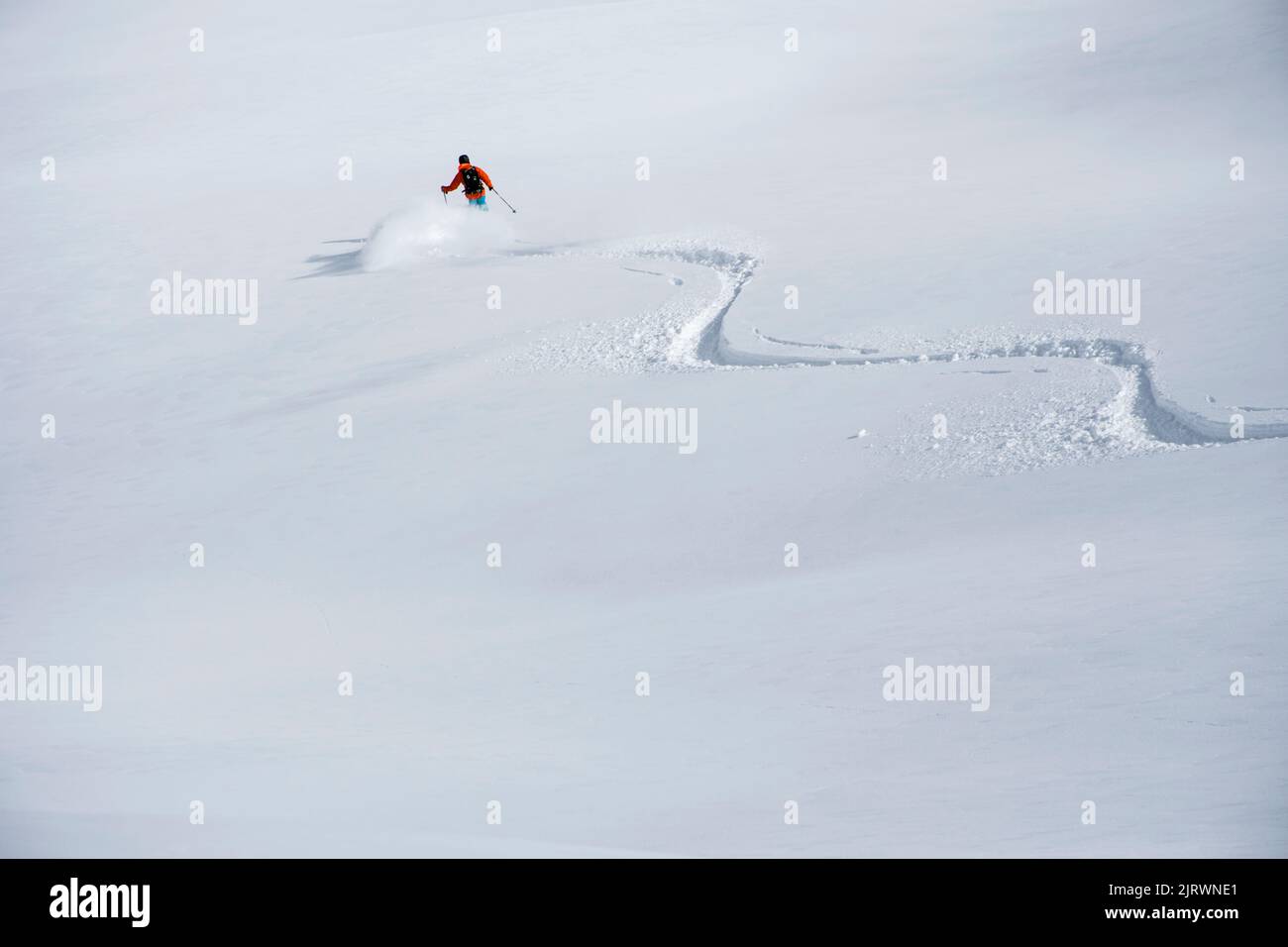 Single Skier fahren abseits der Piste durch perfektes Powder Stockfoto