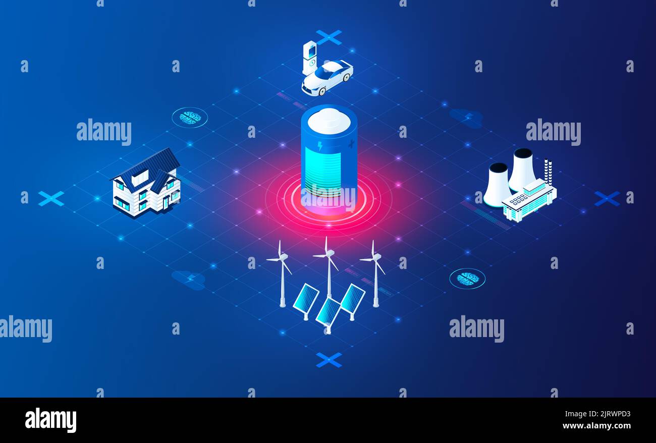 Smart Energy Grid und Virtual Power Plant Concept - innovative dezentrale Energiemanagementsysteme - 3D Illustration Stockfoto