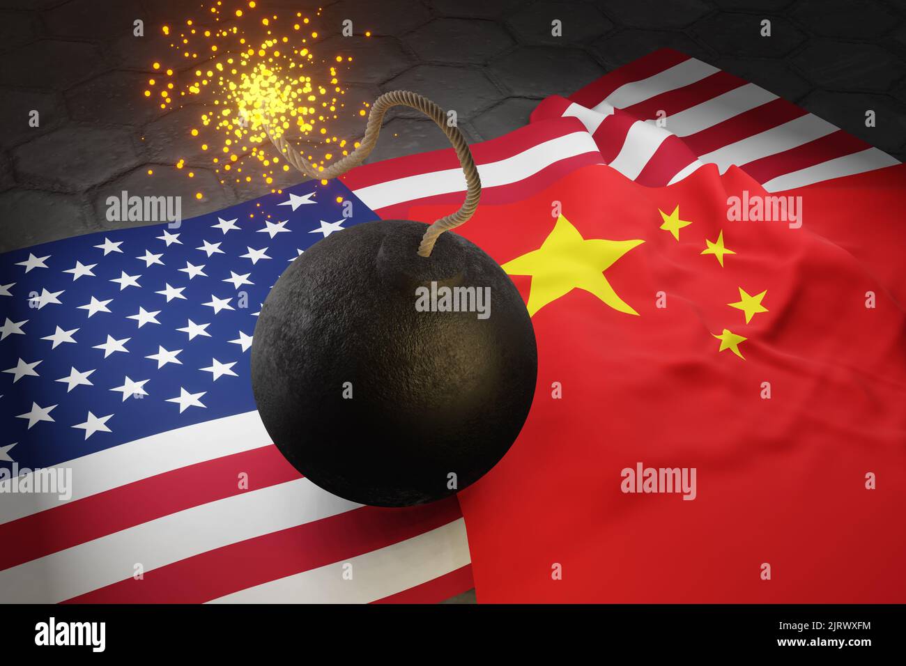Gezündete Kanonenbombe auf den Fahnen der USA und Chinas. Illustration des Konflikts und der Spannungen zwischen diesen 2 Ländern Stockfoto