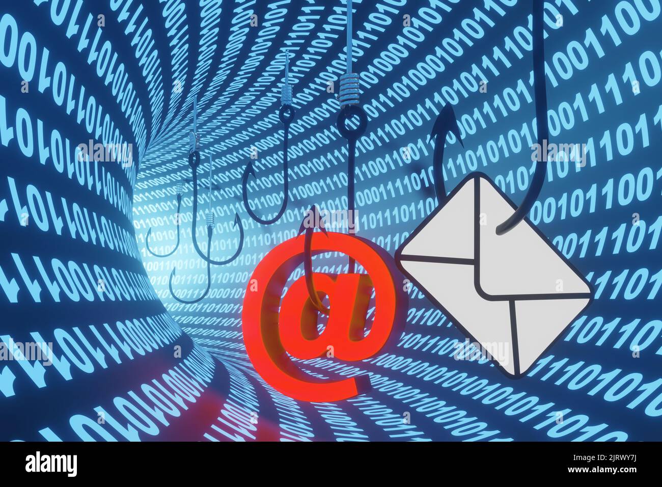 Angelhaken sind das Angeln von E-Mail-Konten in einem digitalen Tunnel. 3D Illustration des Konzepts von E-Mail-Phishing und Online-Sicherheit Stockfoto