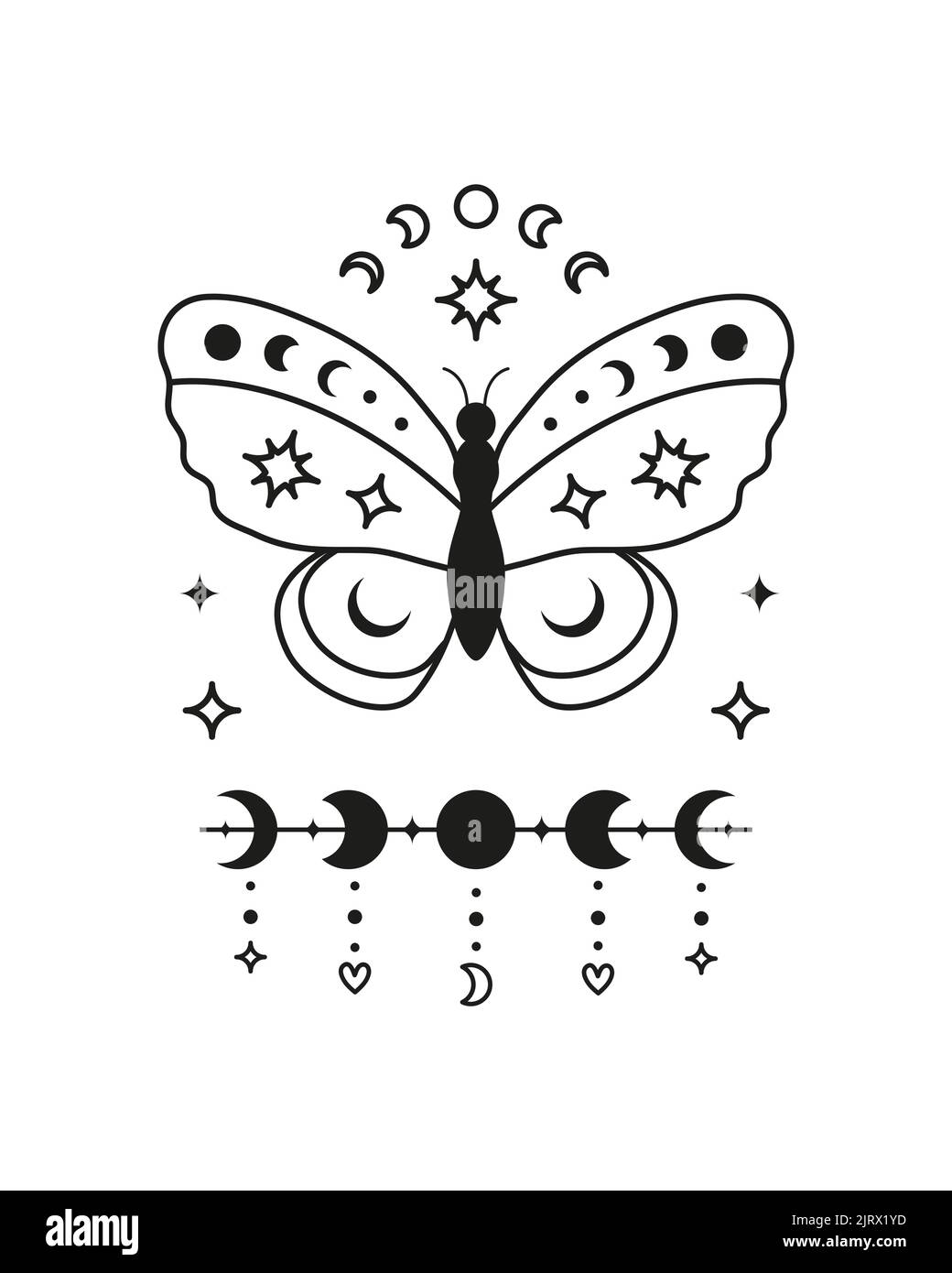 Magische okkulte Tarot-Karte mit Boho-Symbolen Schmetterling, Mondphasen, Halbmond und Sternen isoliert auf weißem Hintergrund. Astrologie spirituelles Poster. Esoteri Stock Vektor