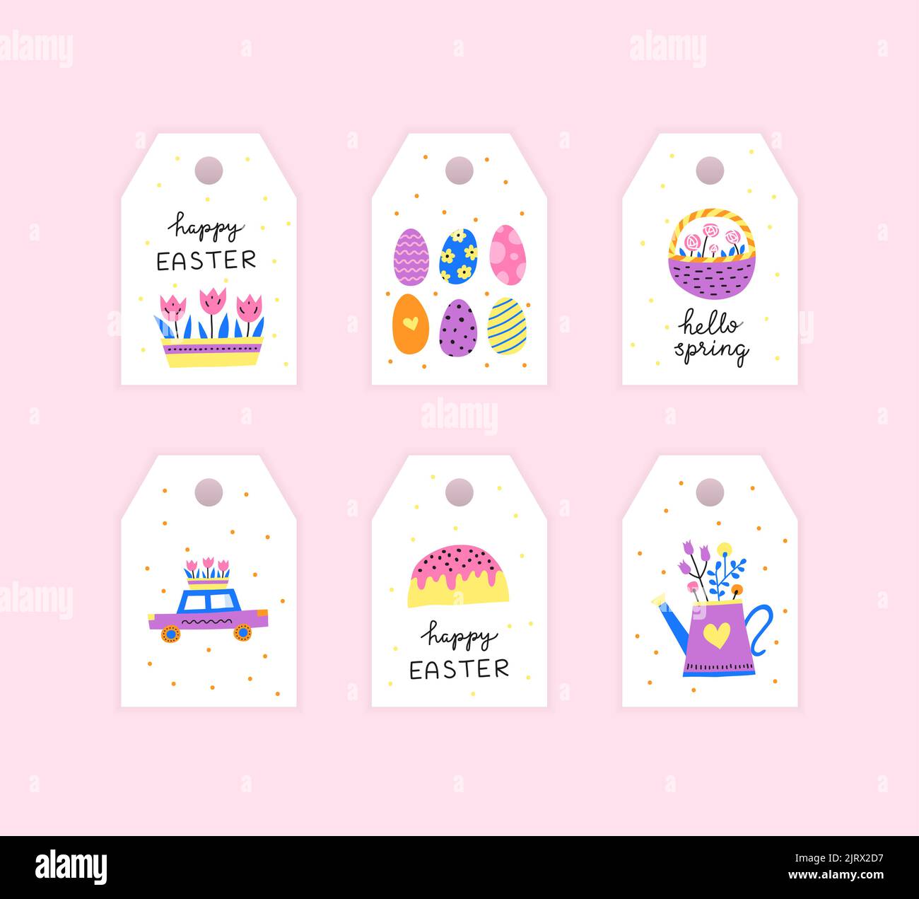 Geschenkanhänger mit bunten Doodle Ostern und Frühling Ikonen, Schriftzug auf rosa Hintergrund. Stock Vektor