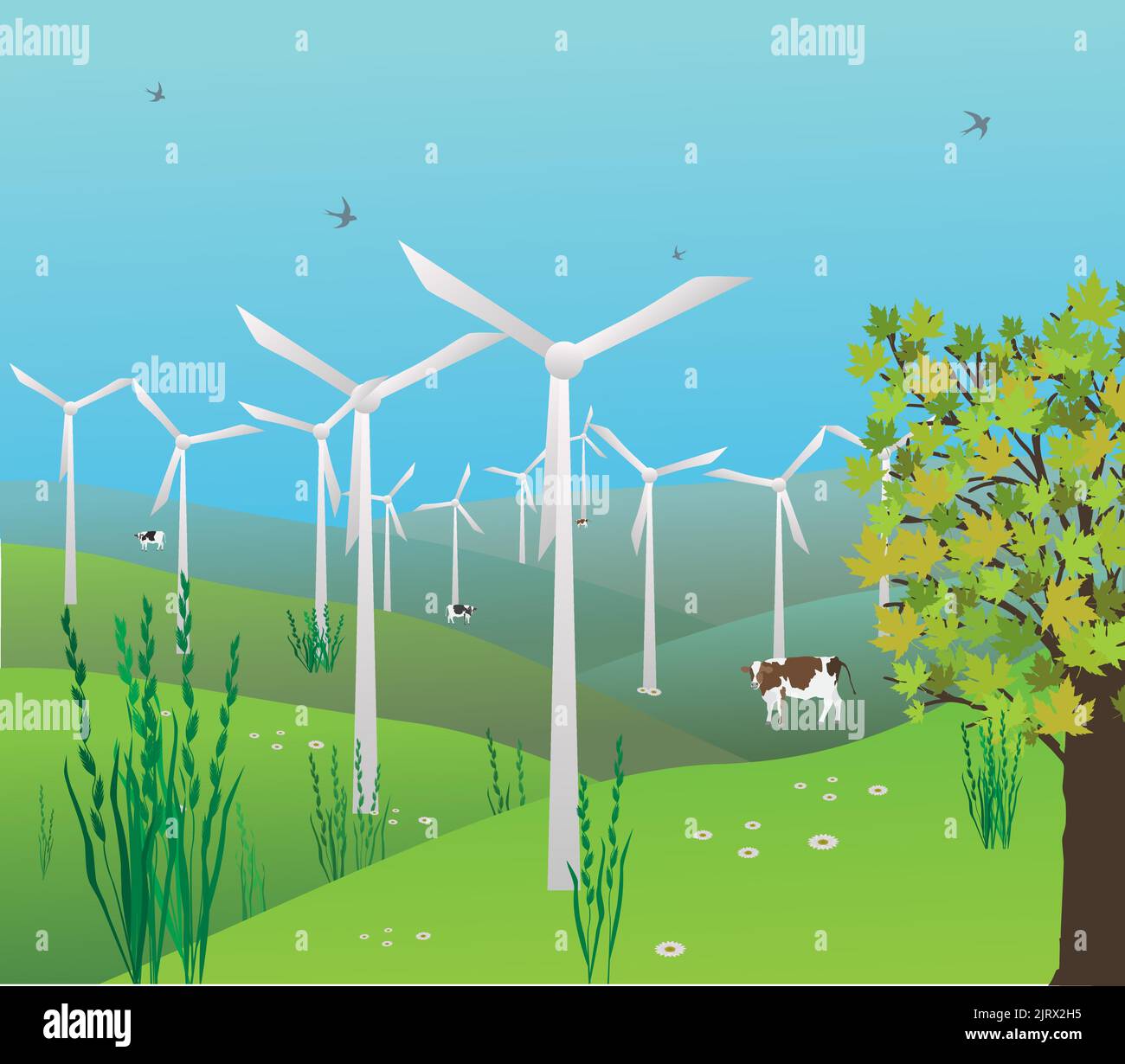 Eine Landschaft mit Windmühlen, Hügeln und einigen Kühen. Im blauen Himmel fliegen Vögel. Nachhaltige Zukunft Stock Vektor