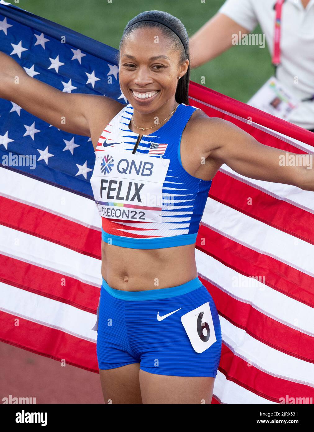 Allyson Felix aus den USA feiert das, nachdem er bei den Leichtathletik-Weltmeisterschaften in Hayward Field, Eugene, Oregon, USA, im Mixed-Staffelfinale teilgenommen hat Stockfoto