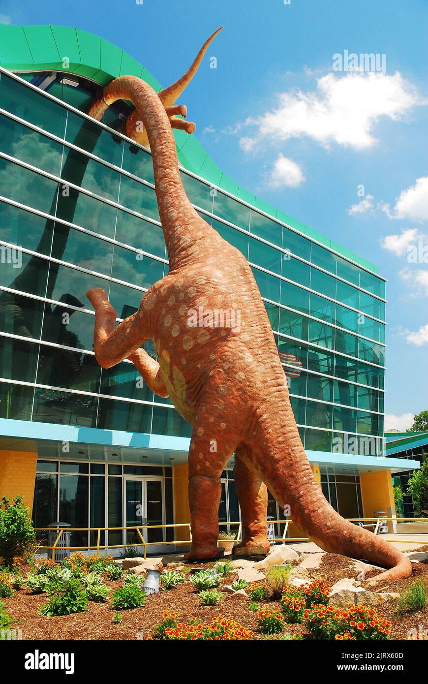 Ein Dinosaurier gucke an einem sonnigen Tag von außen in das Indianapolis Children's Museum Stockfoto