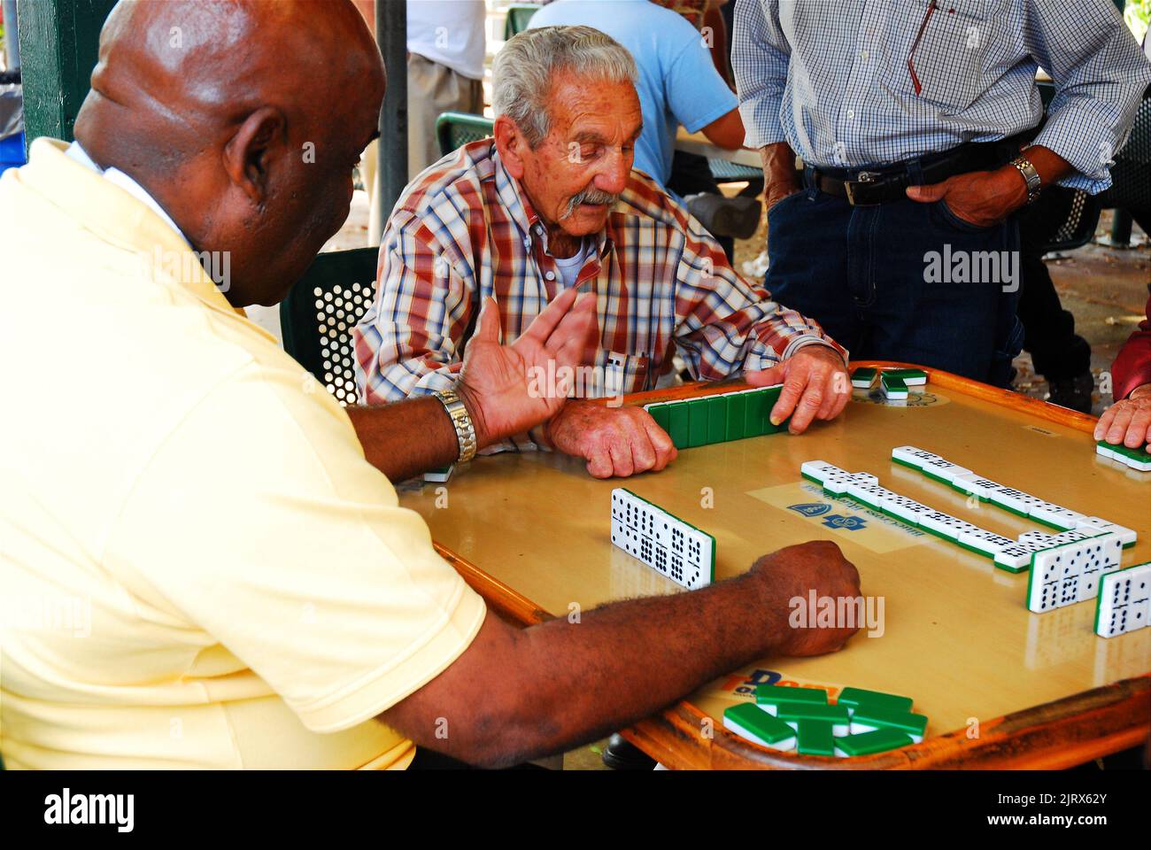 Eine Gruppe älterer Männer genießt es, sich im kubanischen Viertel Calle Ocho in Miami, Florida, mit anderen zu treffen und Dominos zu spielen Stockfoto