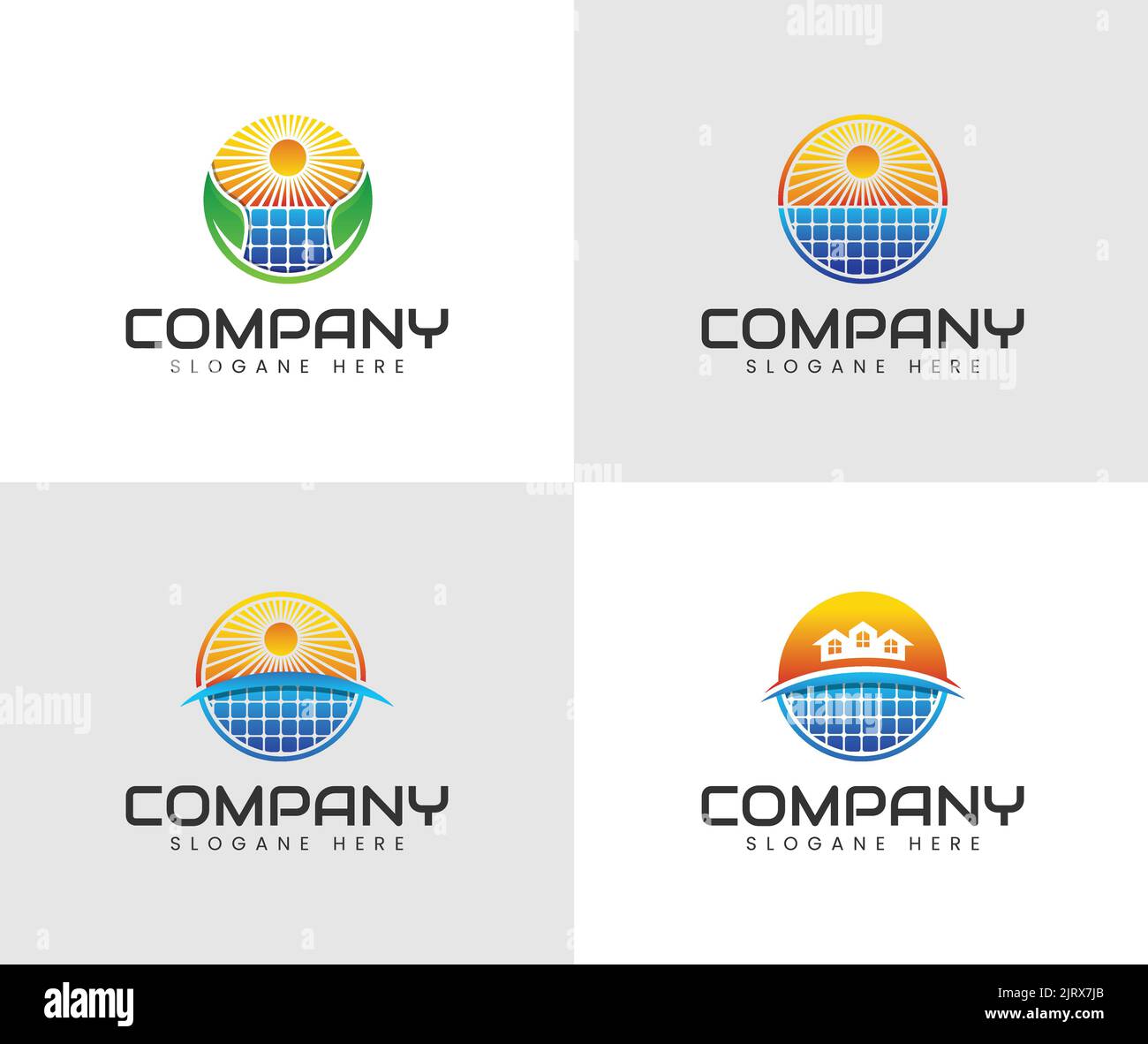 Satz von Sonnenenergie-Logo-Designs. Solar Energy Logo Designs Vektor, Sun Power Logo. Solar Panel Logo Vektor Symbol der natürlichen Energie Stock Vektor