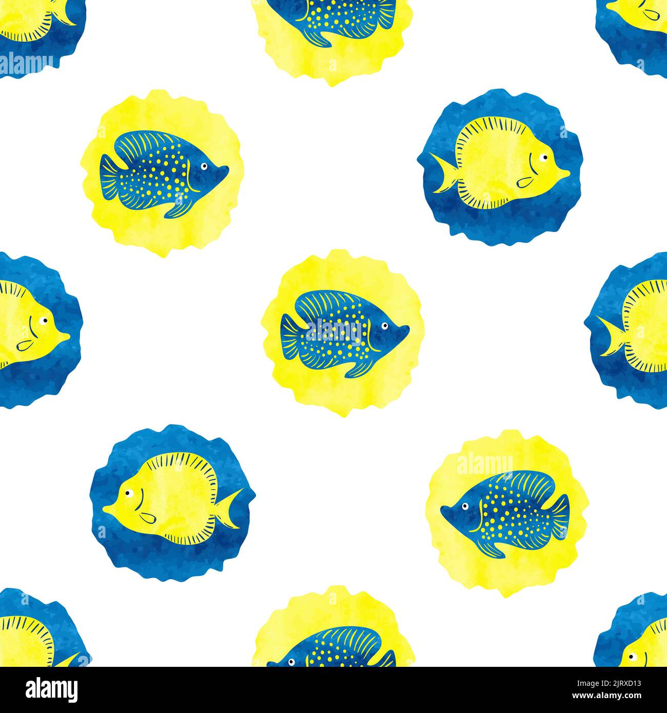 Aquarell Fisch nahtloses Muster. Vektor Kreise Hintergrund in blauen und gelben Farben. Design für die Schifffahrt Stock Vektor