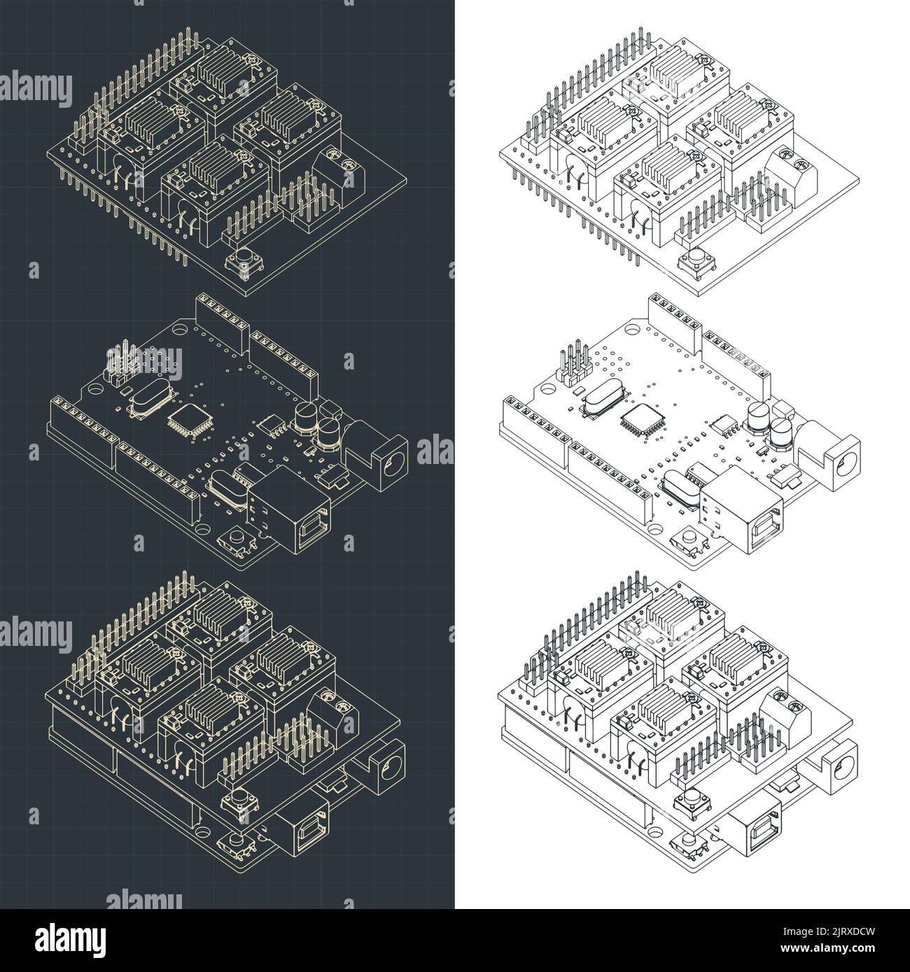 Stilisierte Vektordarstellung isometrischer Blaupausen von Arduino Uno und CNC-Schild Stock Vektor