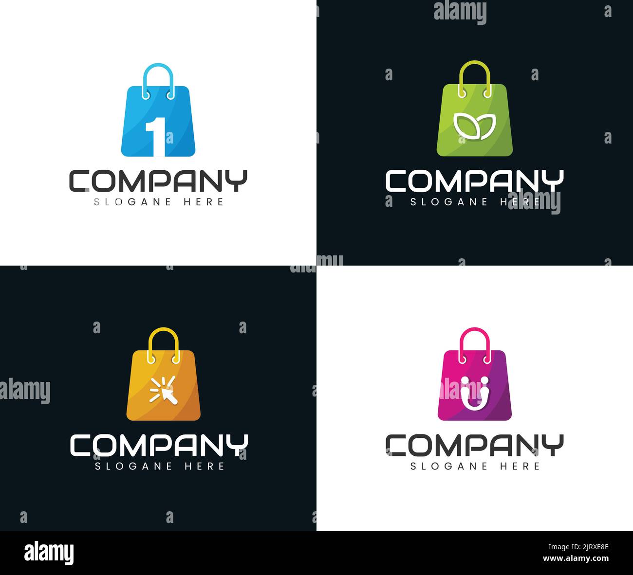 Set von kreativen Online-Shopping-Logo Design-Vorlage. Minimalistische Linie kombinieren Symbol Tasche, Start-up, Liebe, Pflanze, intelligente Lampe, Suchen, gruppieren, chatten, Glühbirne, Stock Vektor
