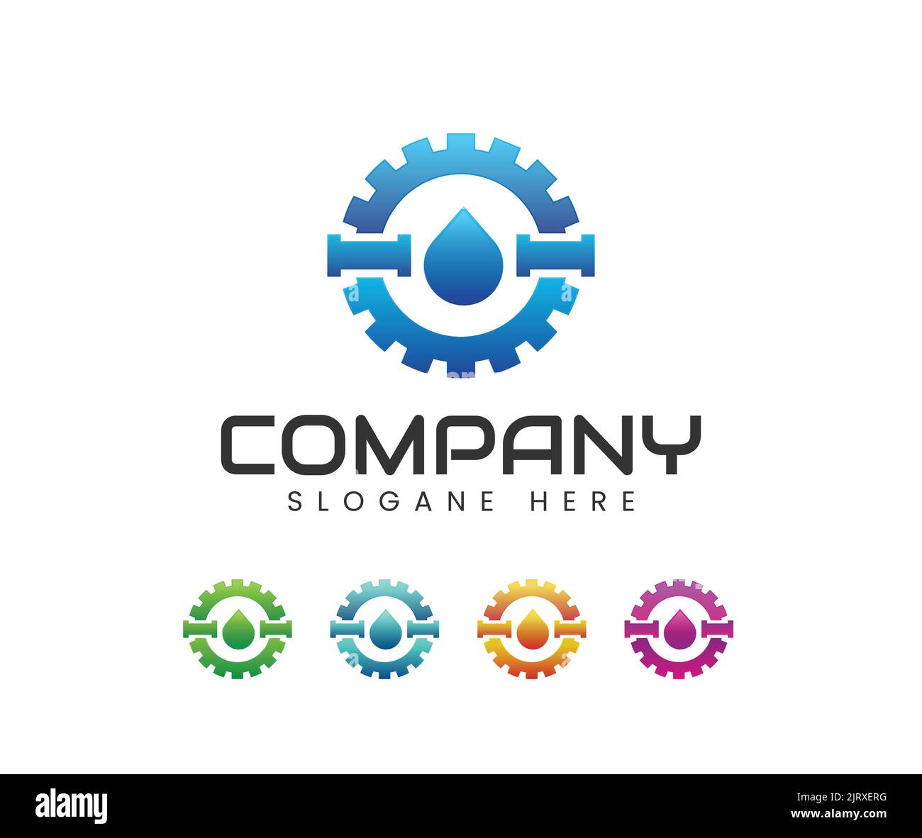 Logo-Design für Rohrleitungen. Sanitär-Service, Getriebe, verstellbarer Schraubenschlüssel und Rohrschlüssel, Logo-Design Stock Vektor