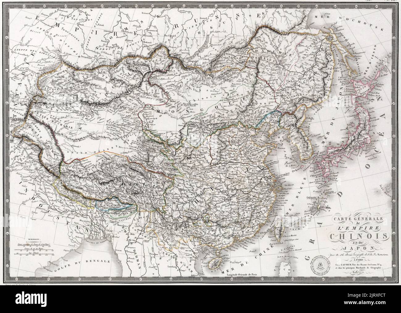 Allgemeine Karte des chinesischen Reiches und Japans': Eine Karte des Qing-Reiches und Japans, veröffentlicht von J. Andrieveau-Goujon in Paris. Beachten Sie den unteren Verlauf des Gelben Flusses vor den Überschwemmungen von 1850s, um 1821 Stockfoto