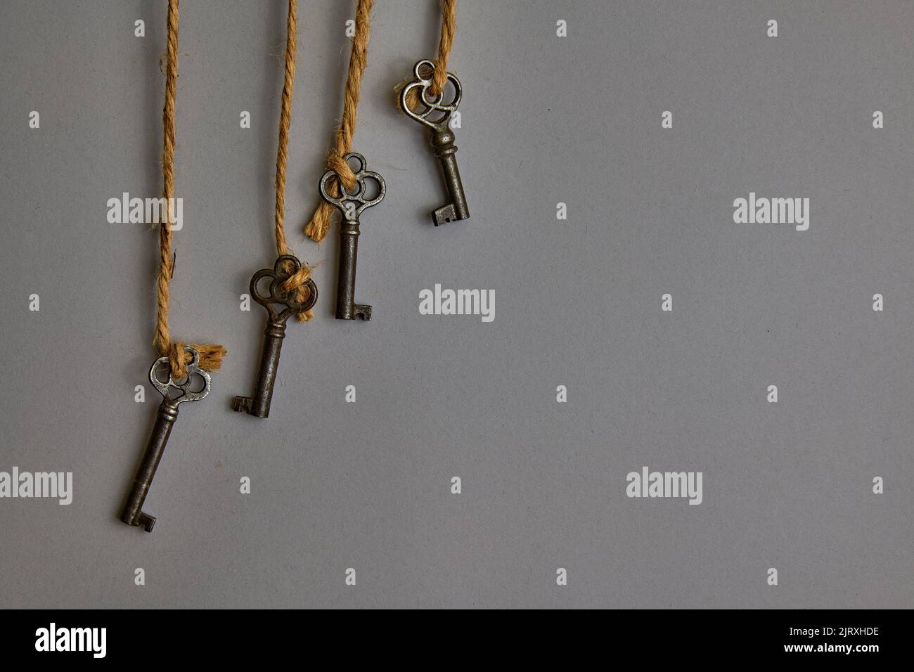 Nahaufnahme von vier dekorativen antiken Schlüsseln. Am braunen Seil hängen. Auf einem 50 präzenten grauen Hintergrund. Auf der linken Seite des Fotos. Stockfoto