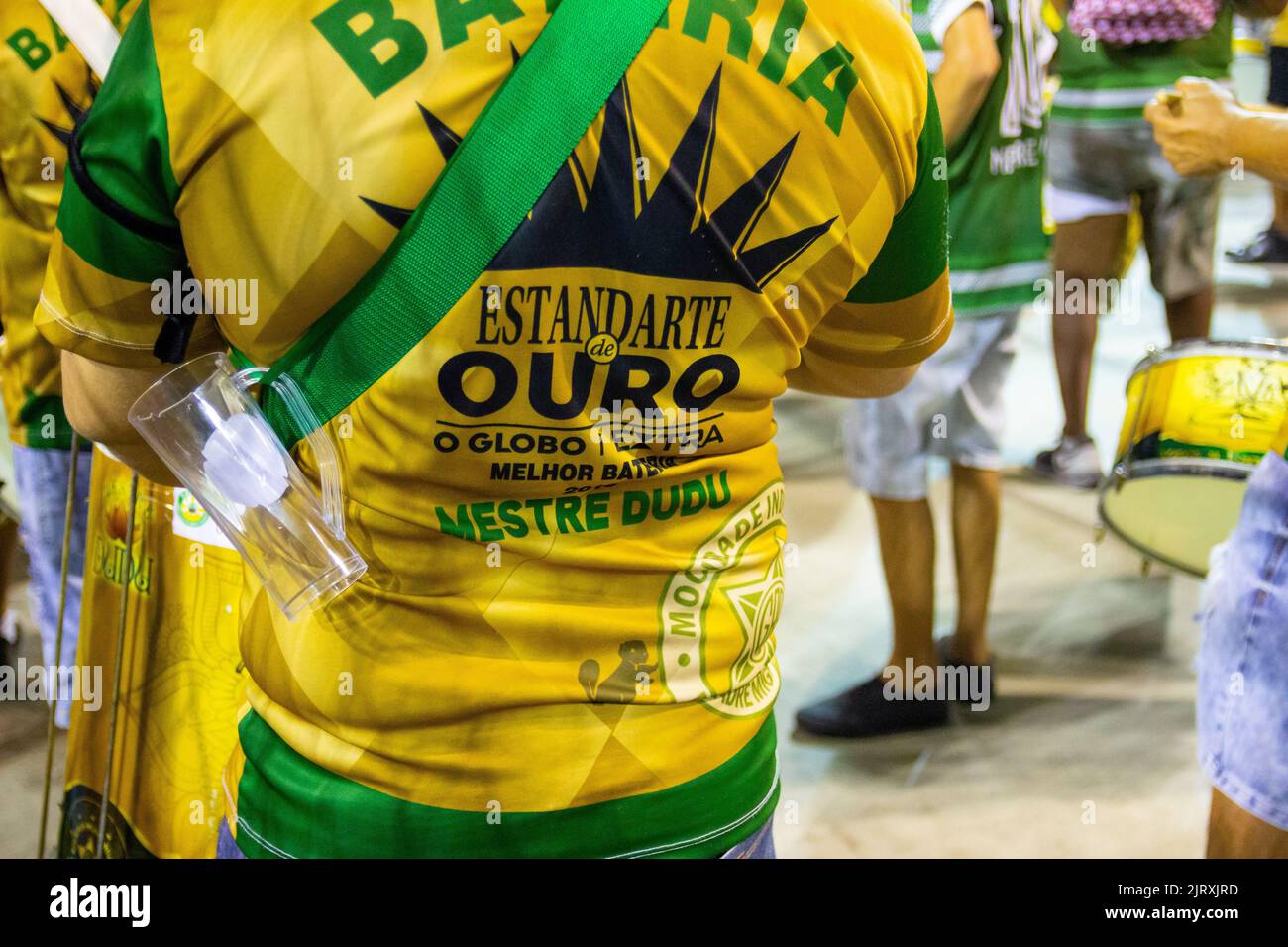 Ritmistas der Sambaschule Mocidade, Rio de Janeiro, Brasilien -10. Februar 2019: Ritmistas der Sambaschule Mocidade, während einer technischen Probe Stockfoto