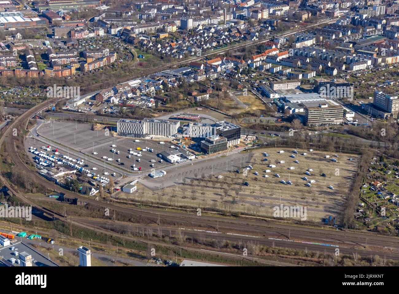 Luftaufnahme, Baustelle und Neubau für Wohn- und Bürogebäude am Vogelsanger Weg im Stadtteil Mörsenbroich in Düsseldorf, Rheinland, N Stockfoto