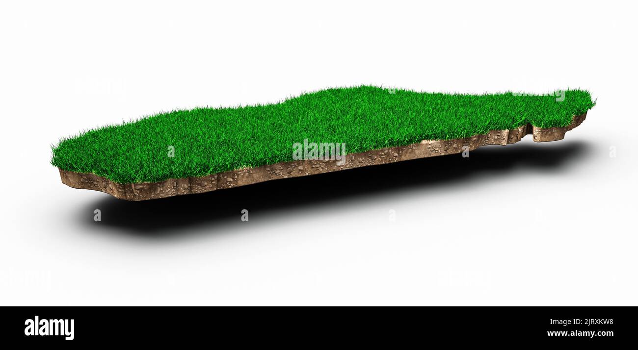 Eine Madagaskar Karte Bodengeologie Querschnitt mit grünem Gras und Felsenbodenstruktur 3D Stockfoto