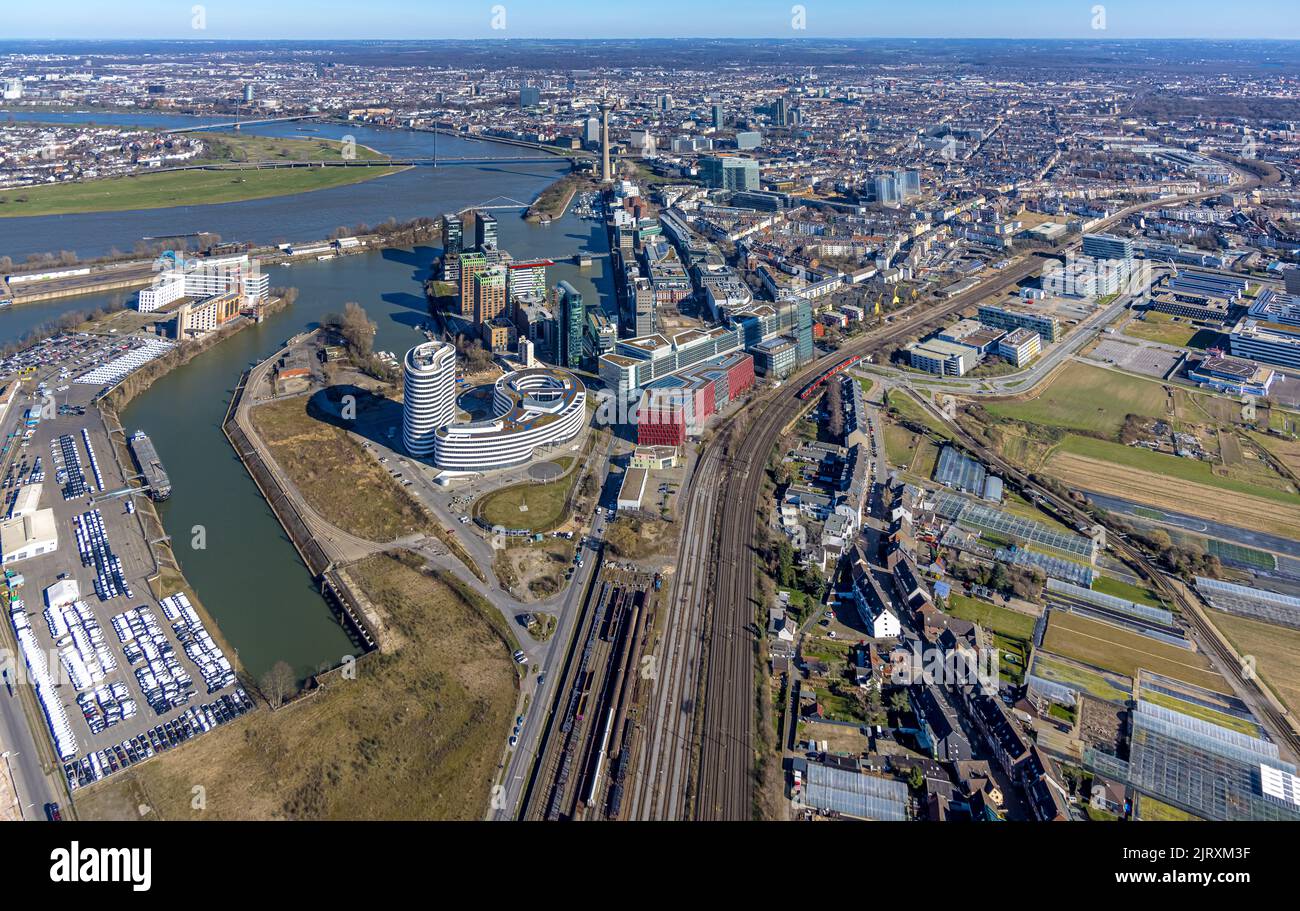 Luftaufnahme, Medienhafen, Hyatt Regency Düsseldorf, Julo-Levin-Ufer, Marina Düsseldorf, Rheinturm,INNSIDE DÜSSELDORF HAFEN,trivago N.V., die NextGen Stockfoto