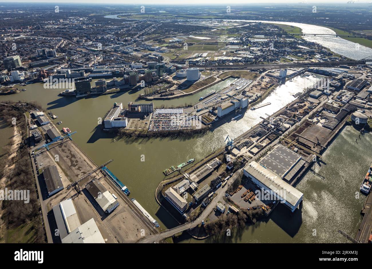 Luftaufnahme, Medienhafen, Hyatt Regency Düsseldorf, Julo-Levin-Ufer, Marina Düsseldorf, Rheinturm,INNSIDE DÜSSELDORF HAFEN,trivago N.V., die NextGen Stockfoto