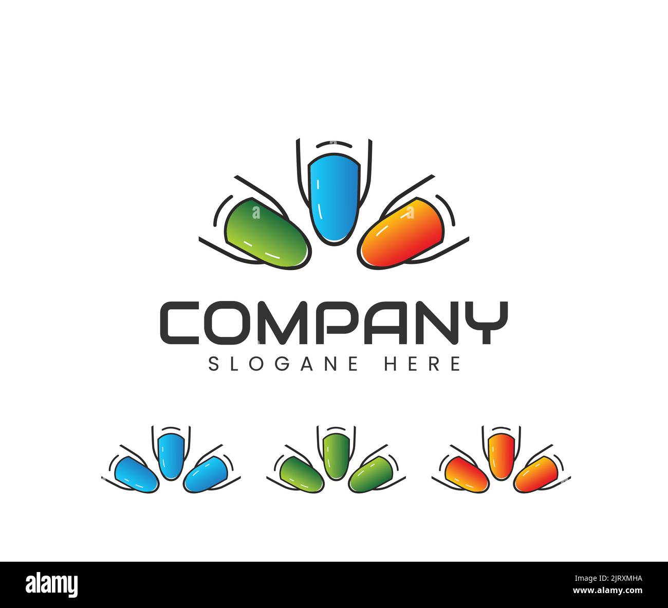 Farbenfrohes Nagellackensalon-Logo-Design. Nagelstudio Logo-Vorlage. Roségold Nagellack-Flasche Stock Vektor