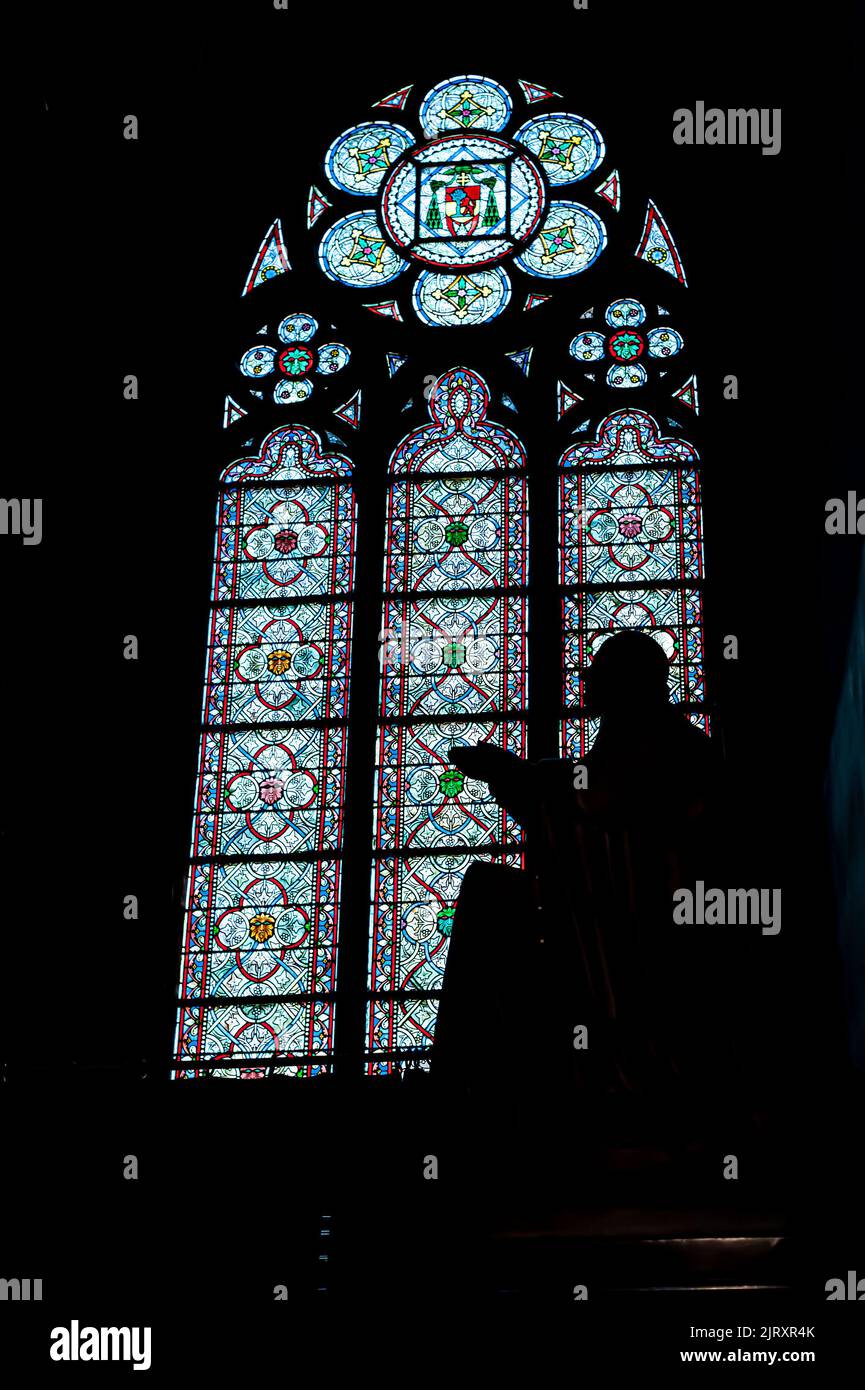 Wunderschönes Buntglasfenster in der Kathedrale Notre Dame. Paris, Frankreich. Stockfoto