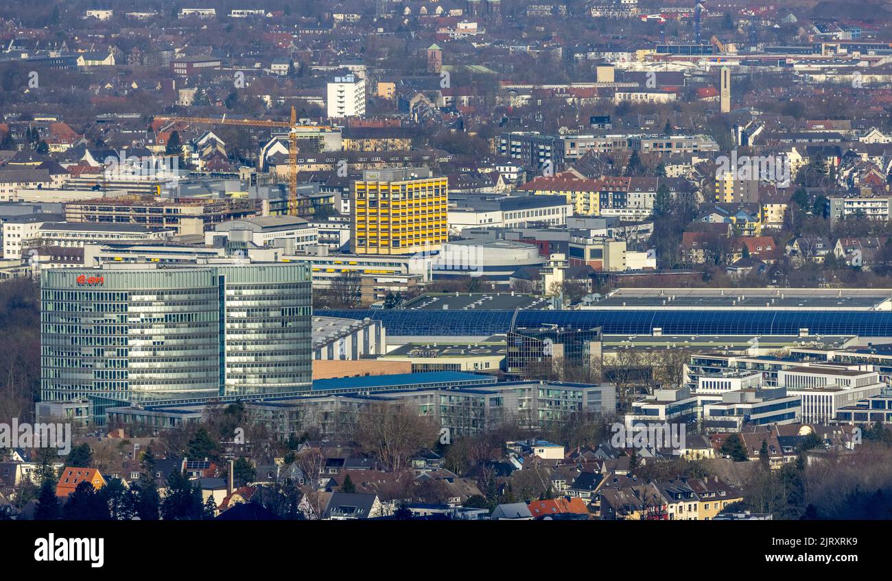 Luftaufnahme, Campus- und Stadtansicht im Landkreis Rüttenscheid in Essen, Ruhrgebiet, Nordrhein-Westfalen, Deutschland, Bürogebäude, DE, E.ON Stockfoto