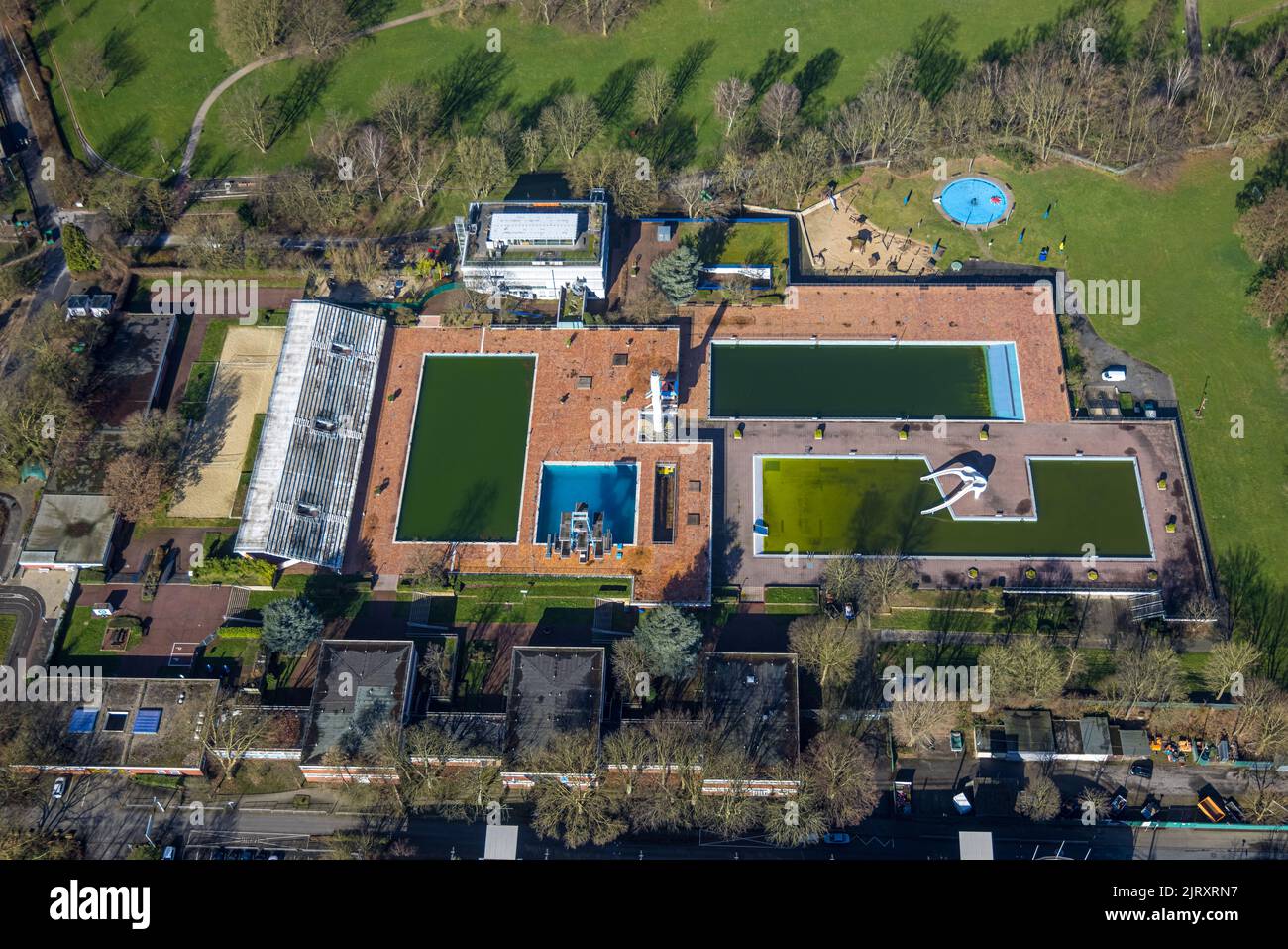 Luftaufnahme, Grugabad im Grugapark im Landkreis Rüttenscheid in Essen, Ruhrgebiet, Nordrhein-Westfalen, Deutschland, Badeanstalt, ba Stockfoto