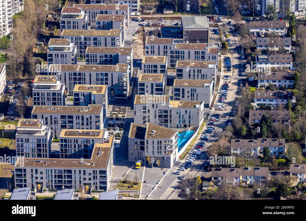 Luftaufnahme, Neubau Wohngebiet Parc Dunant, Henri-Dunant-Straße im Stadtteil Rüttenscheid in Essen, Ruhrgebiet, Nordrhein-Westfalen, Stockfoto
