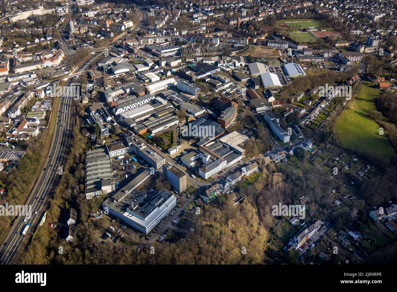 Luftaufnahme, Industriegebiet Alexanderpark Max-Keith-Straße im Stadtteil Bergerhausen in Essen, Ruhrgebiet, Nordrhein-Westfalen, Deutschland, DE, Ess Stockfoto