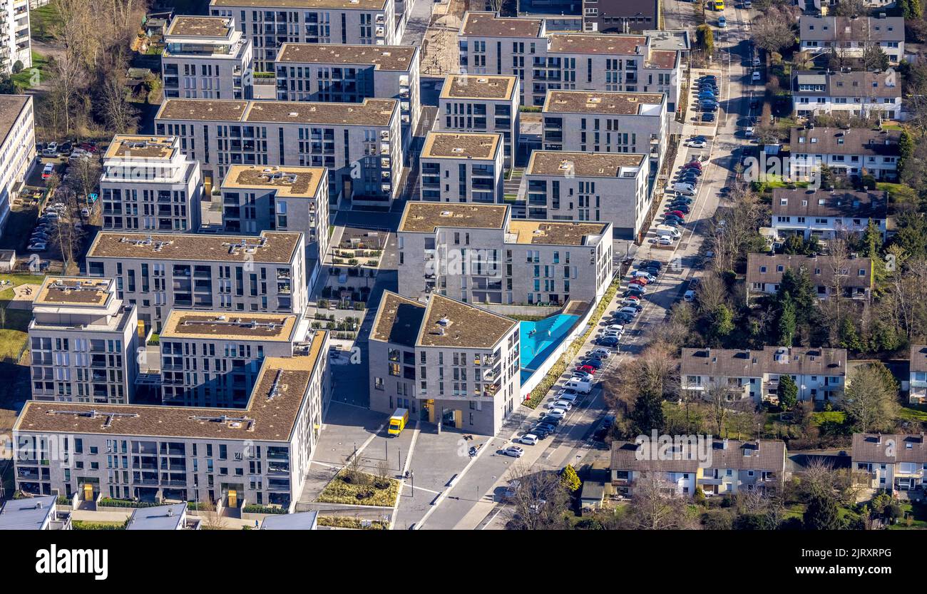 Luftaufnahme, Neubau Wohngebiet Parc Dunant, Henri-Dunant-Straße im Stadtteil Rüttenscheid in Essen, Ruhrgebiet, Nordrhein-Westfalen, Stockfoto