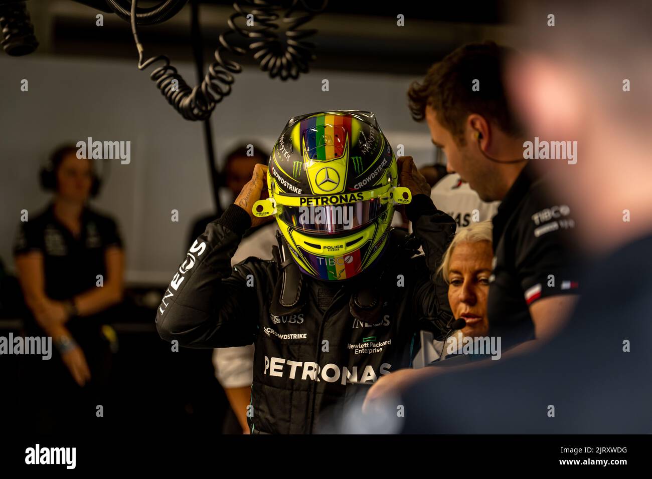 Stavelot, Belgien, 26.. August 2022, Lewis Hamilton, aus Großbritannien, tritt für Mercedes AMG an. Training, Runde 14 der Formel-1-Meisterschaft 2022. Kredit: Michael Potts/Alamy Live Nachrichten Stockfoto