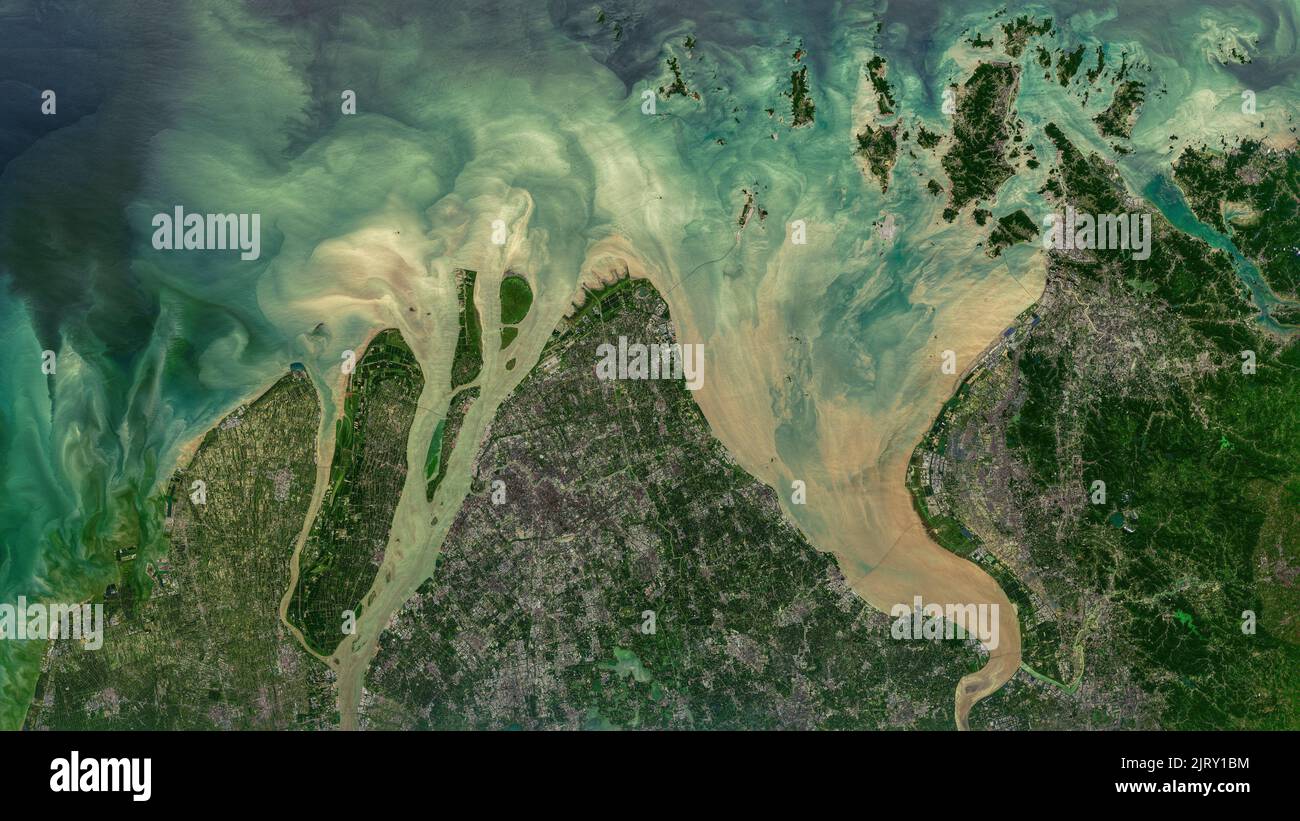 Luftaufnahme des Jangtse-Flussdeltas am Ostchinesischen Meer Stockfoto