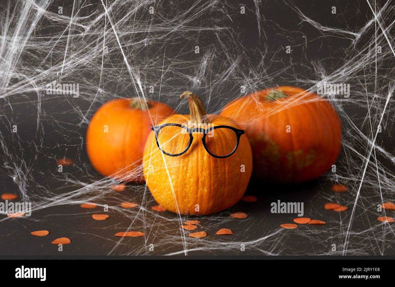 halloween Kürbisse mit Brille und Spinnennetz Stockfoto