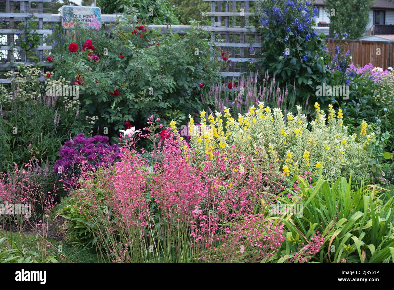The Old Post Garden, eine gemeinschaftliche Zusammenarbeit, die Teil des Botanischen Gartens von Silver Springs in Calgary, Kanada, ist Stockfoto