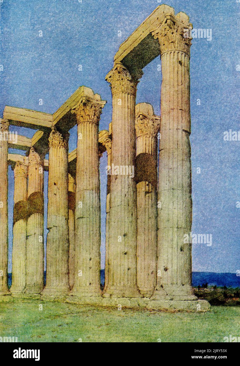 Diese Abbildung aus dem Jahr 1910 zeigt den Tempel des olympischen Zeus in Athen, der von Jules Guerin gemalt wurde. Der olympische Zeus, auch als Olympieion oder die Säulen des olympischen Zeus bekannt, ist ein ehemaliger kolossaler Tempel im Zentrum der griechischen Hauptstadt Athen. Es war dem 'olympischen' Zeus gewidmet, ein Name, der von seiner Position als Kopf der olympischen Götter herrührend war. Der Bau begann im 6.. Jahrhundert v. Chr., wurde aber erst unter der Herrschaft des römischen Imperators Hadrian im 2.. Jahrhundert n. Chr. fertiggestellt. Jules Guérin 1866–1946) war ein amerikanischer Muralist, Architekturmaler und Illustrator. Ein Maler und Wid Stockfoto
