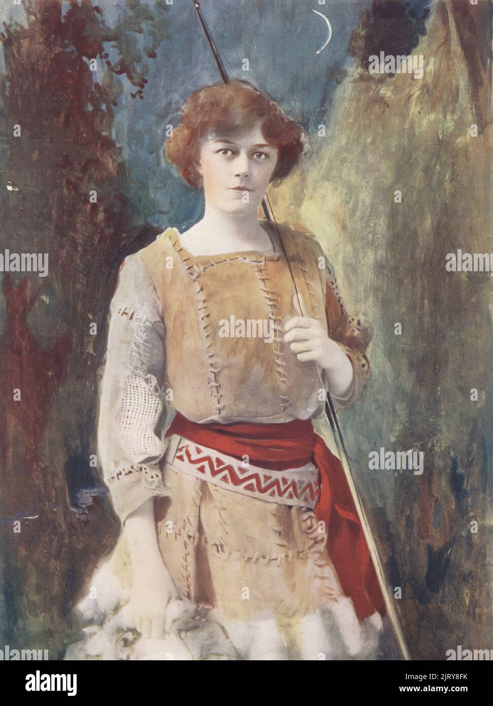 Miss Irene Vanbrugh als Lady Mary Lasenby in The Admirable Crichton, einer Klassenkomödie von J. M. Barrie, Duke of York's Theatre, 1902. In Tierhaut-Kostüm auf einer einsamen Insel. Dame Irene Vanbrugh, englische Schauspielerin, 1872-1949. Foto von Alfred Ellis und Walery (Stanislaw Julian Ignacy). Farbdruck einer handfarbigen Illustration, die auf einer monochromen Fotografie von George Newnes’s Players of the Day, London, 1905 basiert. Stockfoto