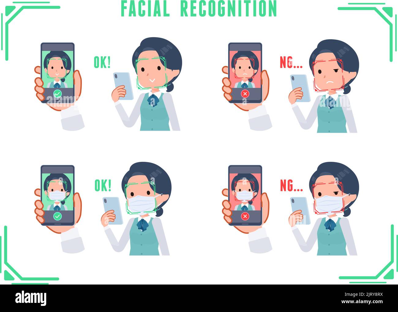 Ein Satz von Clerk Frau tun Gesichtserkennung auf ihren Handys.Es ist Vektorkunst so einfach zu bearbeiten. Stock Vektor