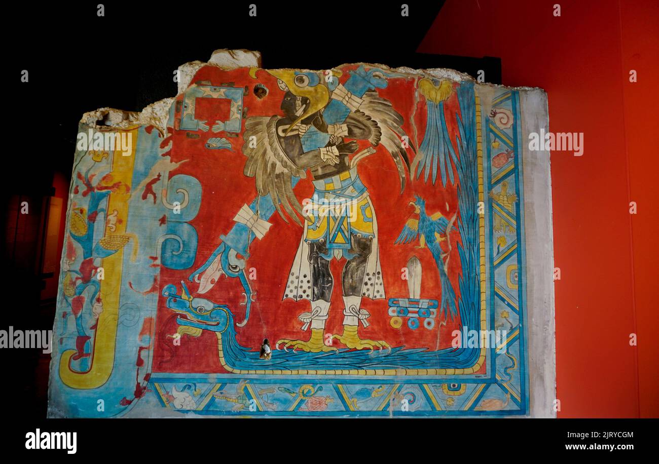 Cacaxtla Wandbild des Vogelmannes (möglicherweise Quetalcoatl), Nationales Anthropologiemuseum, Chapultepec Park, Mexiko-Stadt, Mexiko Stockfoto